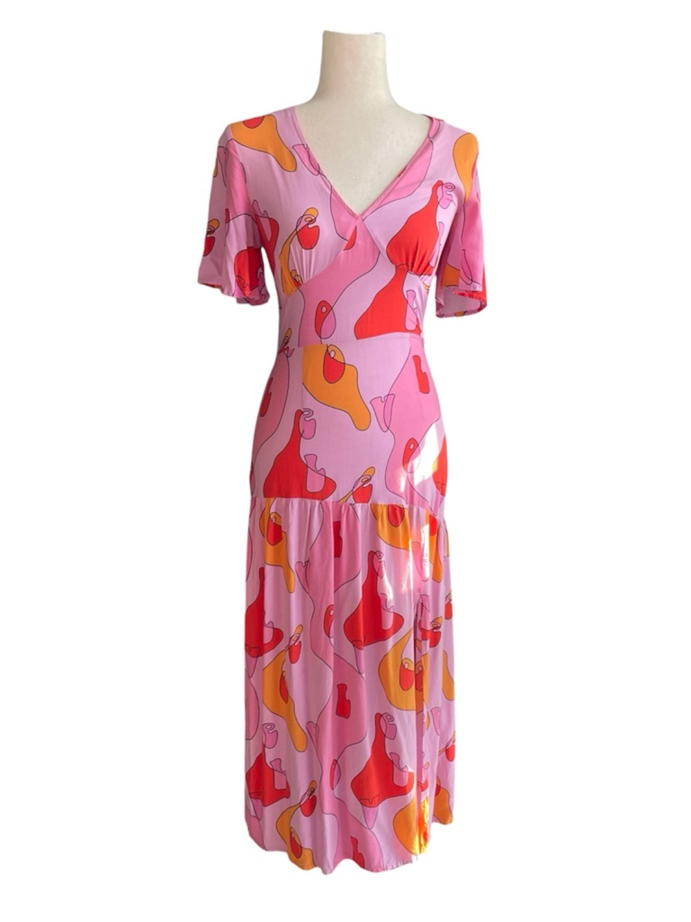 Never Fully Dressed Pink Abstract Print Midi Dress with Red & Yellow Accents